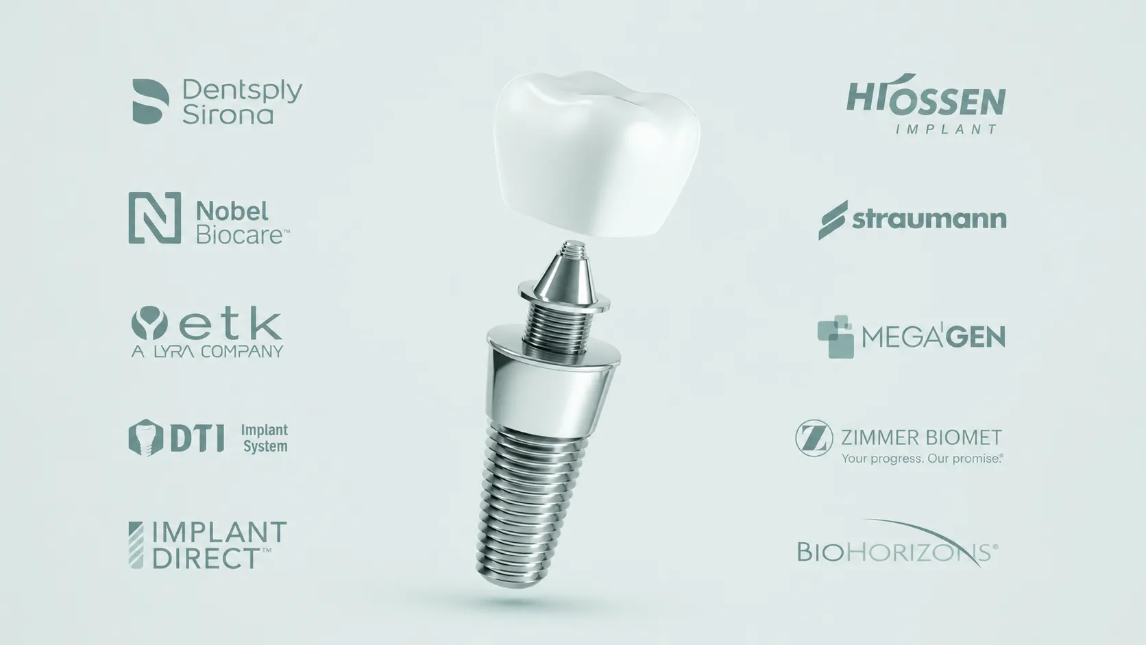 Implant dentaire en vue éclatée, entouré des logos des principaux systèmes d'implants